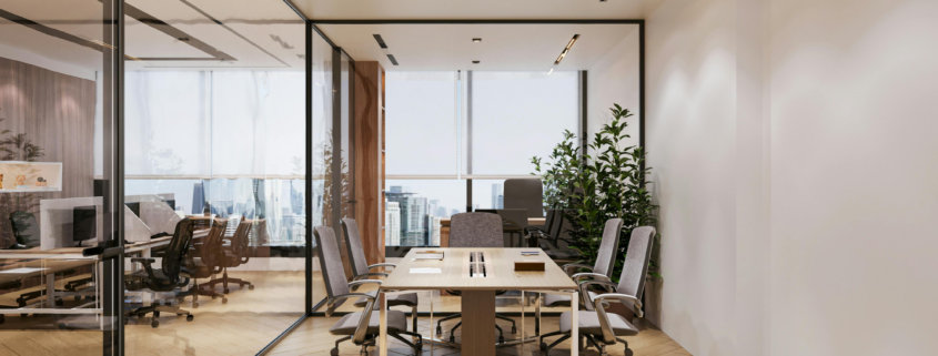 Modern glass conference room with clean floors, organized table, and city view reflecting Professional Office Cleaning Chicago standards.