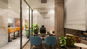 Modern meeting room with clean table, decorative shelving, and bright lighting.