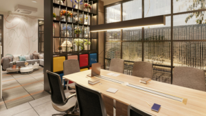 Professional boardroom with clean conference table and glass partitions maintained by Professional Office Cleaning Chicago.