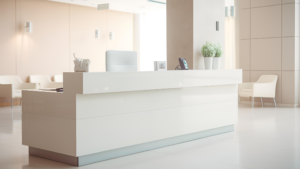 modern lobby with marble reception desk and clean polished floors