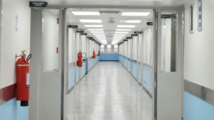 Hospital corridor with clean floors and controlled environment