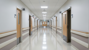 Long hospital corridor with polished floors and clean surfaces