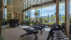 High-end fitness center with equipment and natural light