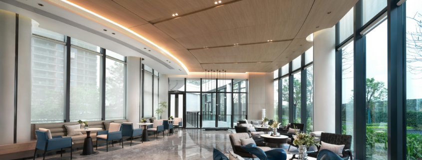 Spacious commercial lobby with seating and polished floors