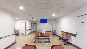Hospital waiting area with seating and clear layout