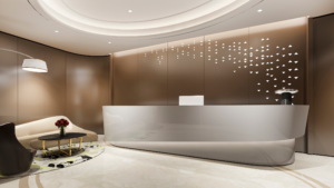 Professional reception area with clean desk and seating