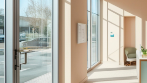 Bright commercial lobby with large clean windows and natural sunlight.