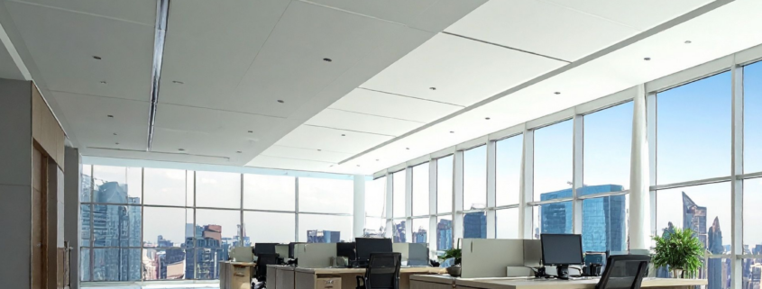 Commercial office with floor-to-ceiling clean windows and bright natural light.