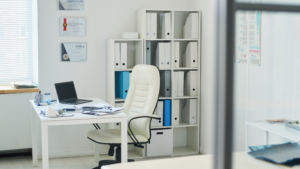Professional Medical Cleaning Services in Chicago maintaining a clean physician office with organized workstations and storage areas.