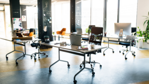 Modern open office cleaned and ready before employees arrive