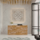 Modern commercial reception area with marble walls, wood reception desk, large windows, and decorative lighting.