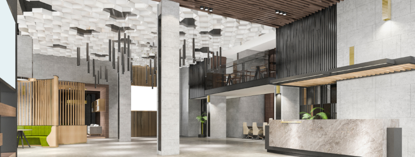 Modern commercial lobby with reception desk, high ceilings, architectural lighting, and polished flooring after professional cleaning.