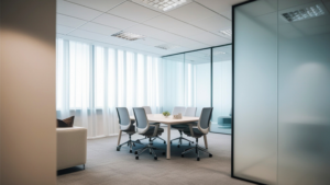 Commercial Office Cleaning Chicago conference room with clean chairs, glass partitions, and bright natural light.