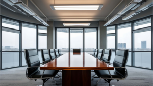 Commercial Office Cleaning Chicago conference room with executive meeting table and floor-to-ceiling windows.