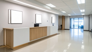 Healthcare facility hallway with treatment room entrances and patient waiting area