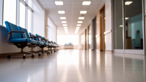 Healthcare Medical Cleaning in a hospital corridor with patient room entrances