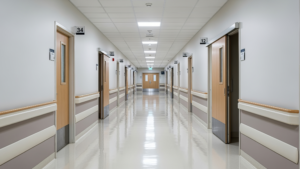 Bright hospital corridor with patient rooms on both sides