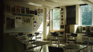 Empty classroom with desks and chairs ready for summer deep cleaning before the new school year.