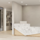 Bright commercial office with clean workstations, polished floors, and organized desks.