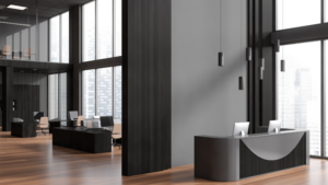 Modern commercial office reception after professional post-construction cleaning.