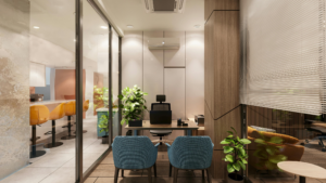 Clean private office with glass walls, desk, chairs, and plants