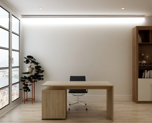 Clean executive office with large windows, wood desk, and storage cabinet