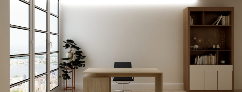 Clean executive office with large windows, wood desk, and storage cabinet