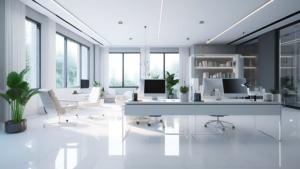 Clean commercial office with workstations and glass partitions