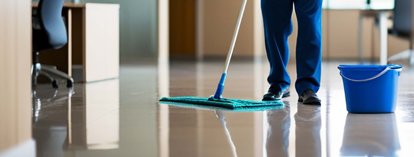 Janitorial worker mopping floor inside a commercial facility