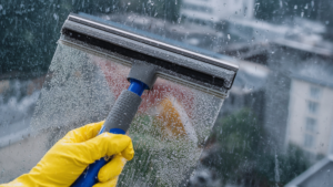 Squeegee cleaning water from a commercial window