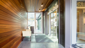 Well-maintained commercial building entrance and lobby area