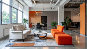 Modern office lounge with seating and shared work areas